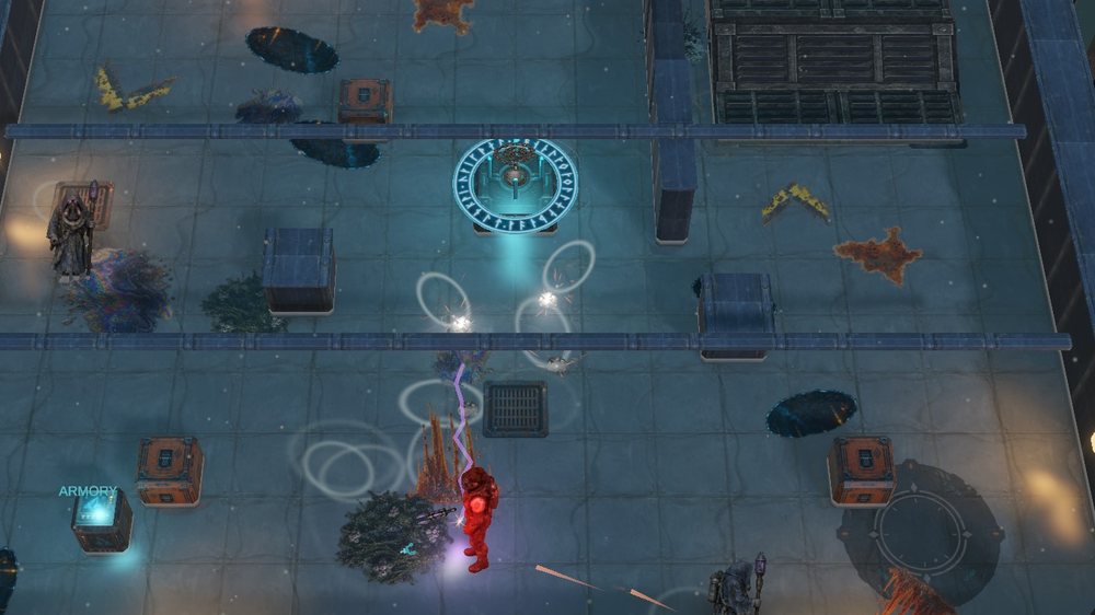 A violet arc from the Arc Welder striking an enemy, with sparks on the drones it chained to