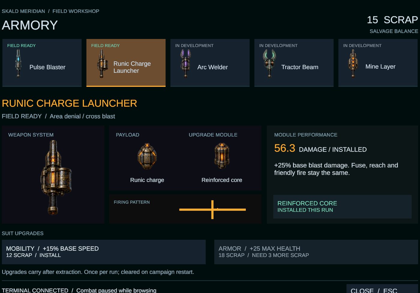 The field workshop armory: five weapon families, a runic charge launcher with its reinforced core installed, and suit upgrades