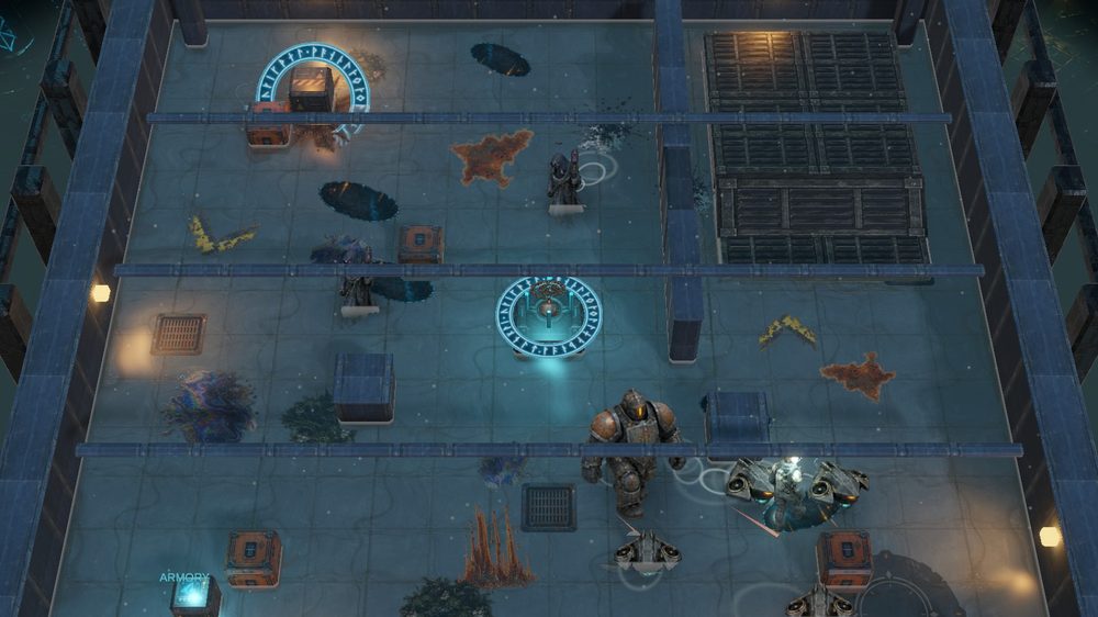 Eira Voss firing a pulse blaster at drones and an armored warden across a flooded deck