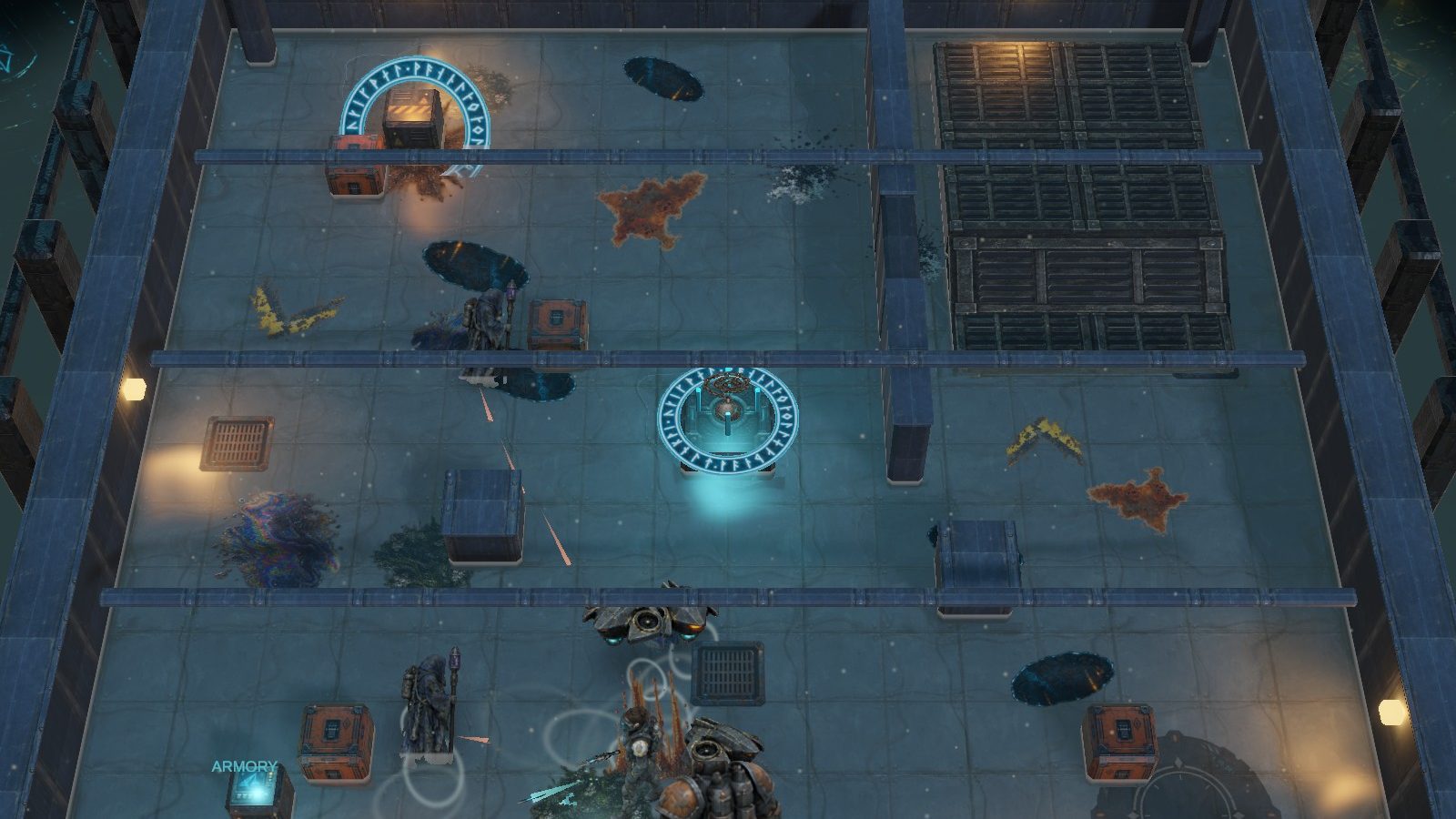 Hold 7 in cold steel light: drones and an Iron Warden close in on the operative near the armory terminal