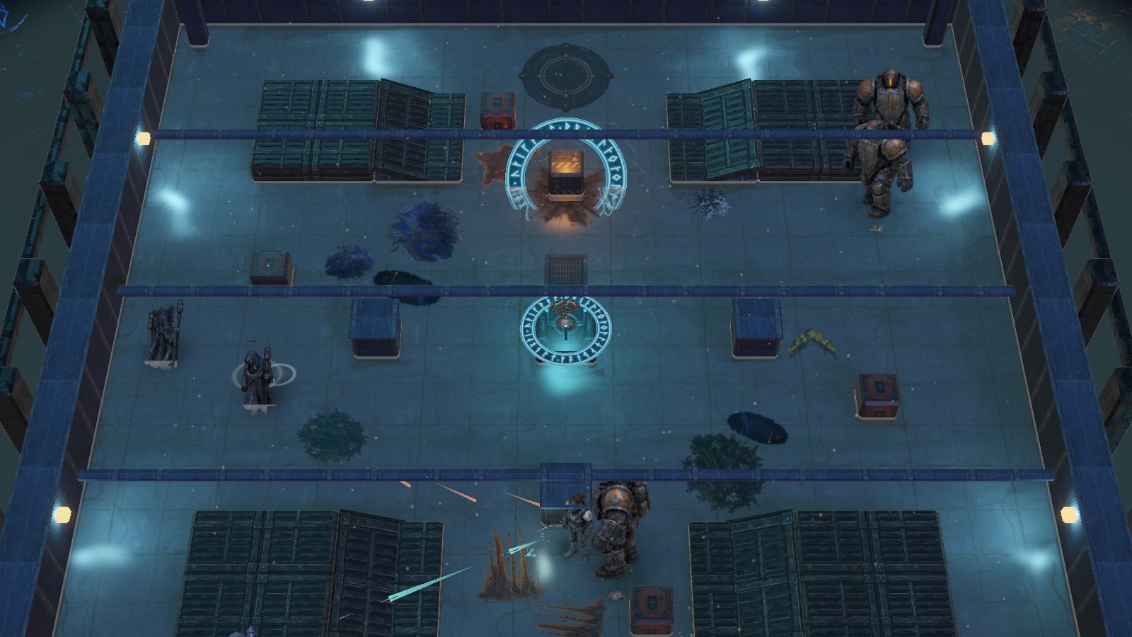 The Keel in deep indigo and cyan rune light, Iron Wardens advancing between cargo stacks
