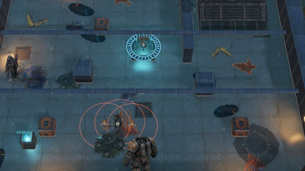 Three proximity mines with glowing orange trigger rings around the operative as an Iron Warden closes in
