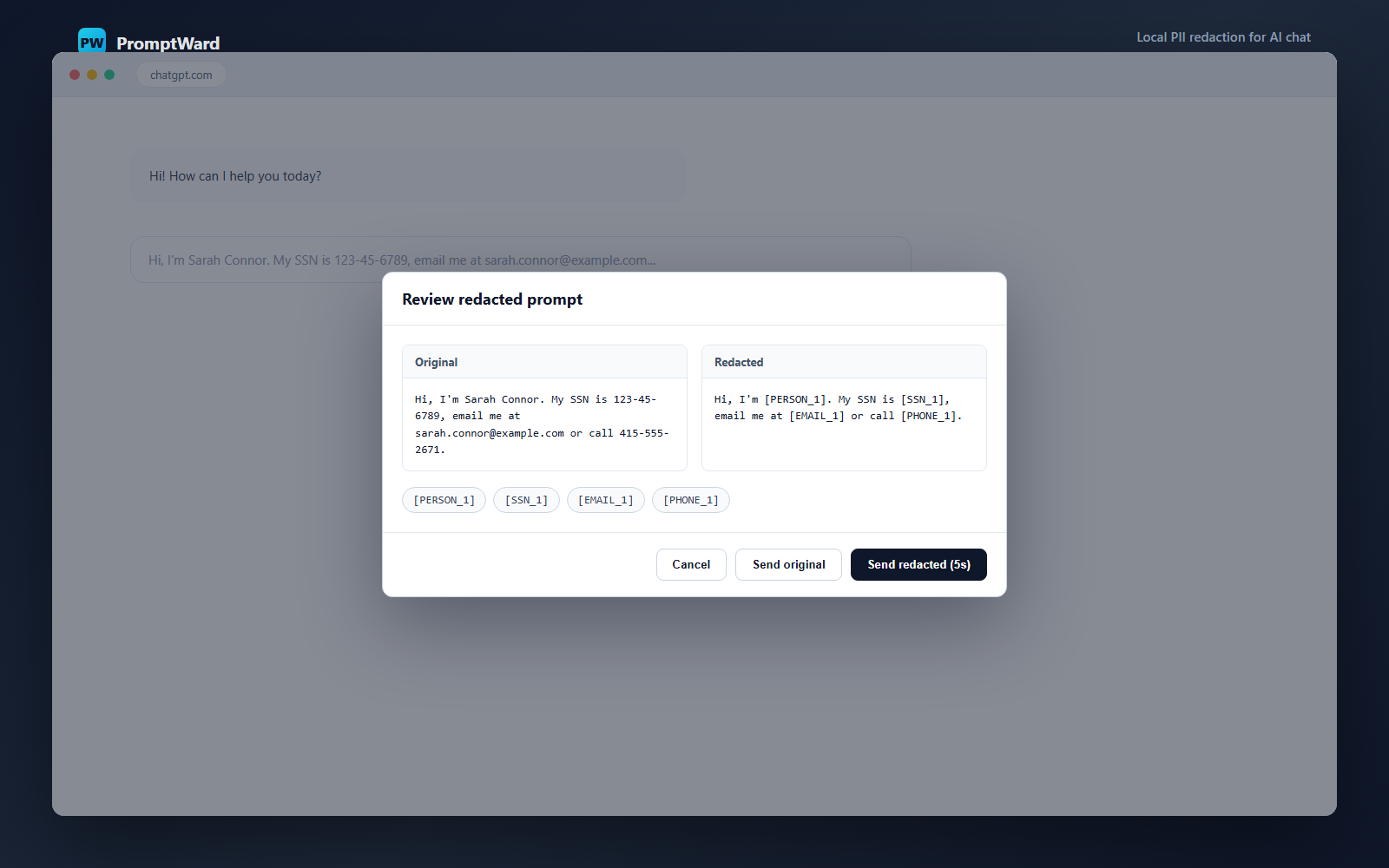 PromptWard's review modal, showing an original prompt next to its redacted version with names, SSNs, emails, and phone numbers replaced by placeholder tokens